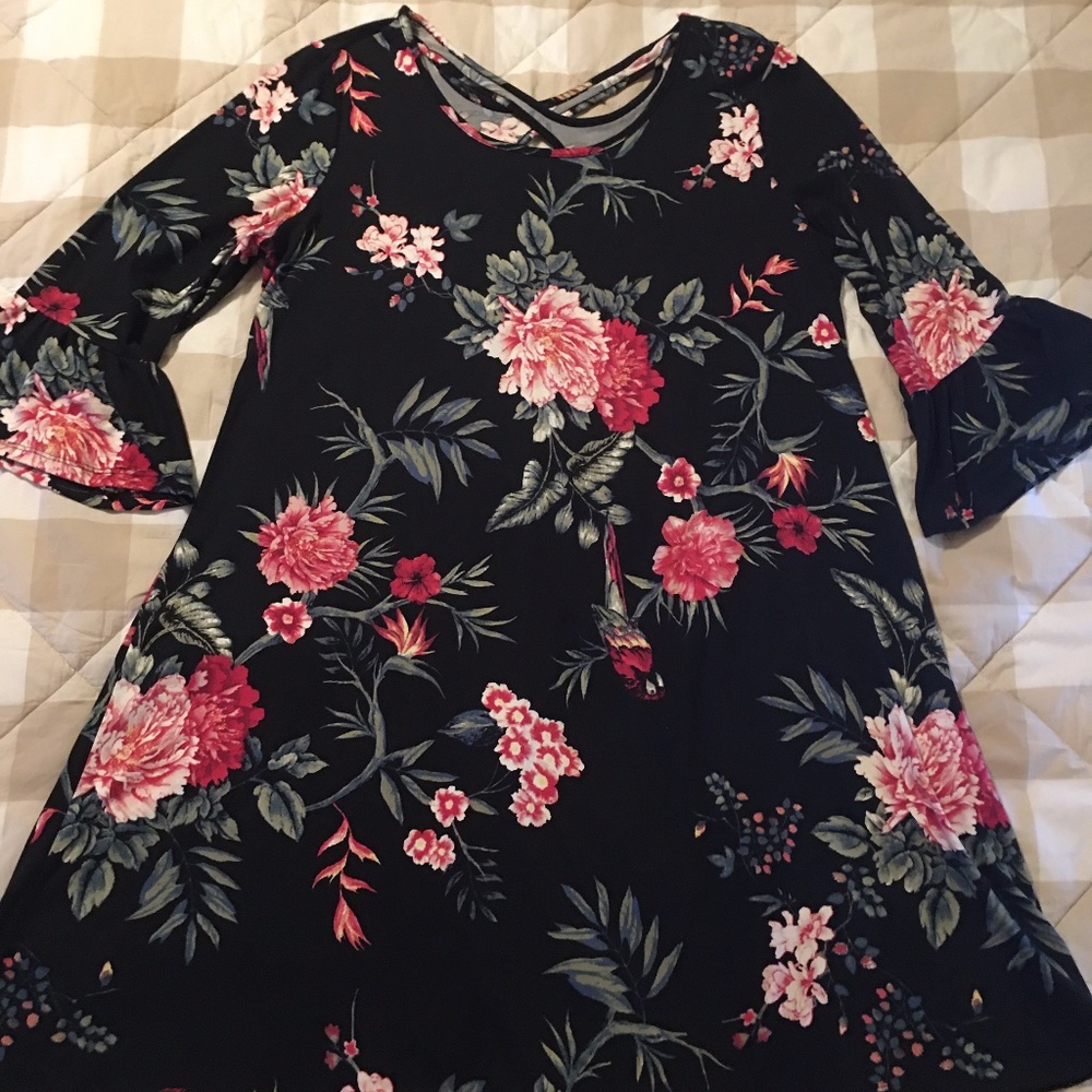 French Laundry Black Floral Swing Dress with Pink Blooms - Picture 3 of 9